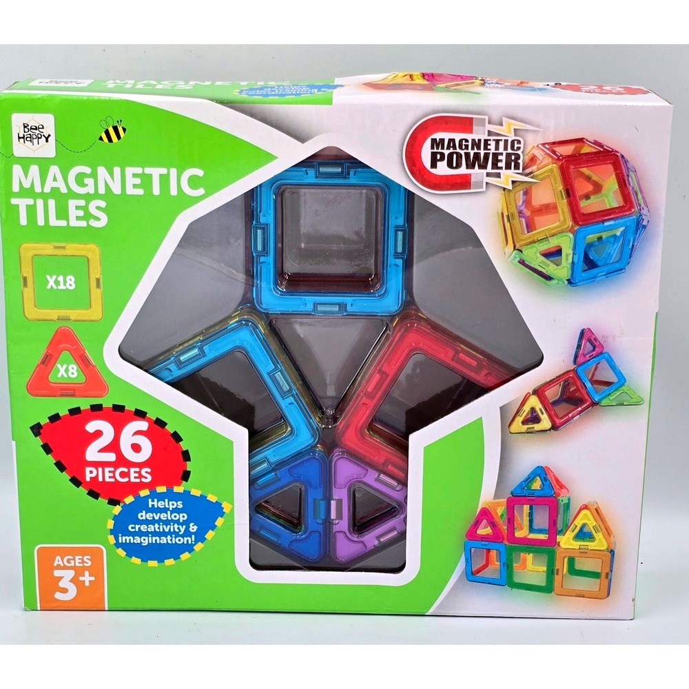 Bee Happy Magnetic Tiles 26 Piece Set Translucent Building Shapes Ages 3+‎ NEW